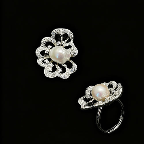 Lotus- Natural Baroque Adjustable Ring-White Gold Plated