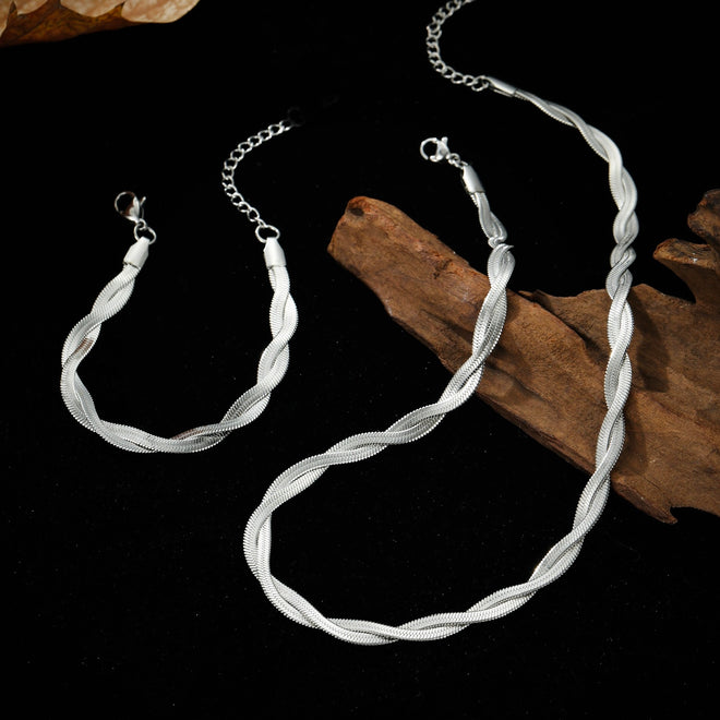 Duo Flat Snake Chain Set Silver