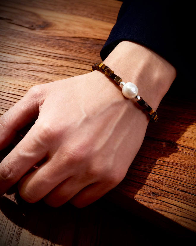 Tiger Eye & Baroque Pearl Bracelet-White Gold Plated