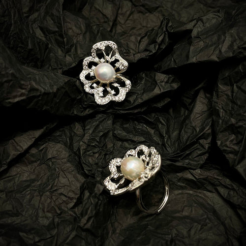 Lotus- Natural Baroque Adjustable Ring-White Gold Plated