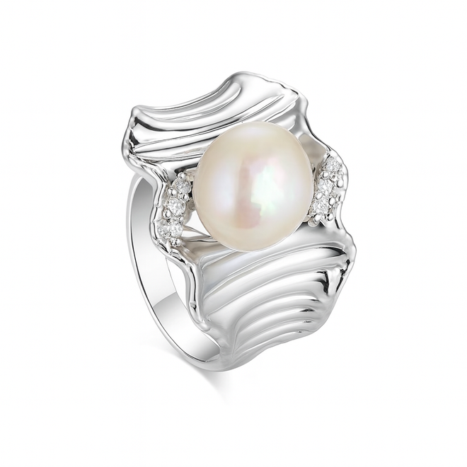 Silver ring with a pearl and small diamonds on a white background