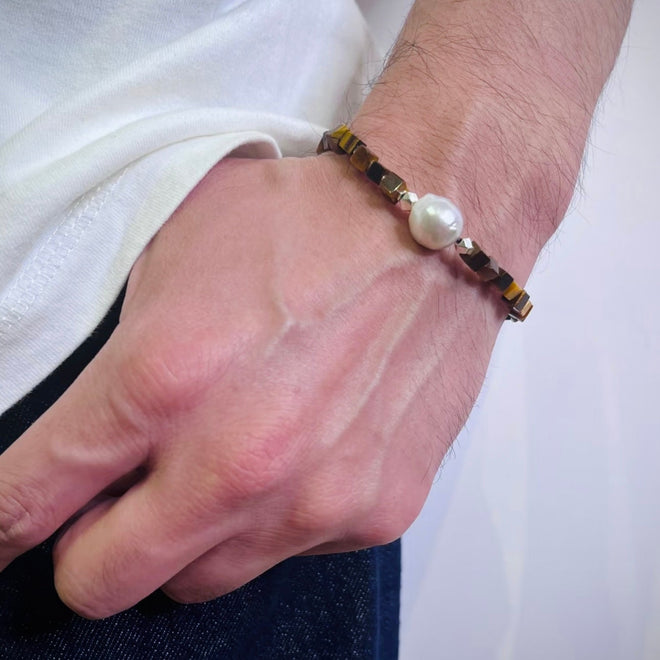 [PreOrder] Tiger Eye & Baroque Pearl Bracelet-White Gold Plated