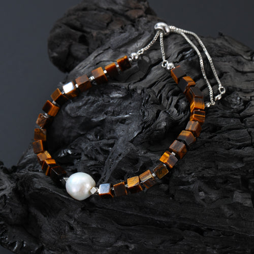 [PreOrder] Tiger Eye & Baroque Pearl Bracelet-White Gold Plated