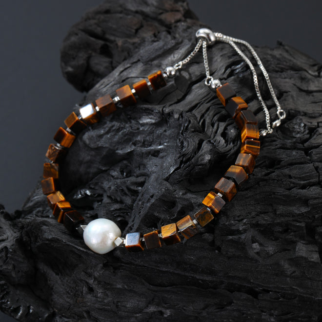 [PreOrder] Tiger Eye & Baroque Pearl Bracelet-White Gold Plated