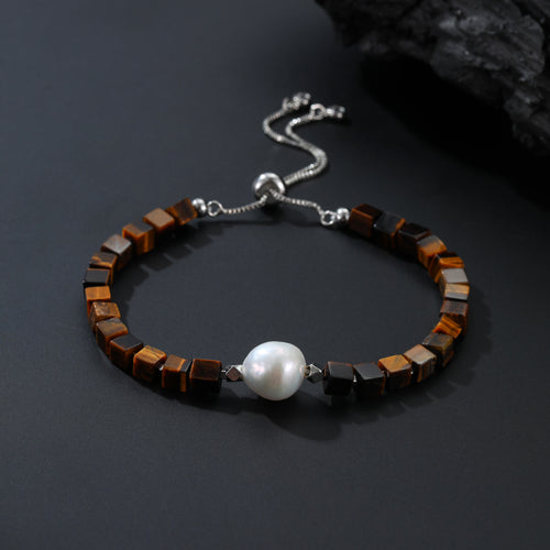 [PreOrder] Tiger Eye & Baroque Pearl Bracelet-White Gold Plated