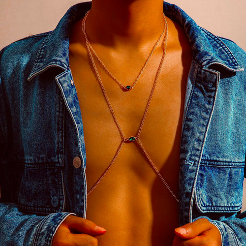 Gold Body Chain-Green Stone