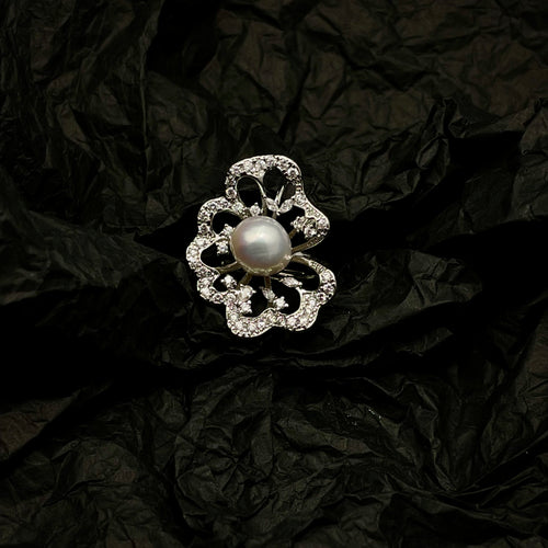 Lotus- Natural Baroque Adjustable Ring-White Gold Plated